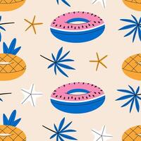 Seamless pattern various inflatable rings, tropical leaves and starfish. Summer pattern design. Flat illustration. vector