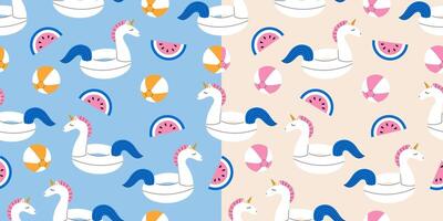Inflatable ring unicorn and pool toys seamless pattern set. Summer pattern design. Flat illustration. vector