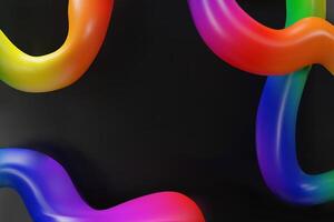 3d rainbow four abstract lines on black background. Three-dimensional illustration. Futuristic geometric shape template. Colorful poster with bright gradient. Modern dynamic wave design. vector