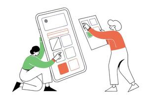 Two People Interact Mobile Interface Concept in Outline Design vector