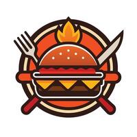 Colorful Burger Grill Icon with Fork, Knife, and Flame in Retro Style vector