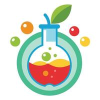 Colorful Flask with Leaf Flat Design, Bright Liquid Inside, Bubbles, Circle vector
