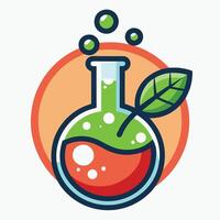 Cartoon Style Lab Beaker with Green and Orange Solution, Bubbles, and Leaf Icon vector