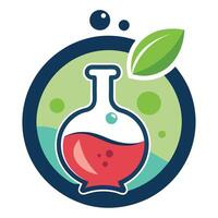 Colorful Icon with RoundBottom Flask, Red Liquid, Green Leaf, and Bubbles vector