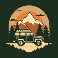 Retro Mountains and Pine Trees Under Circular Orange Sky vector