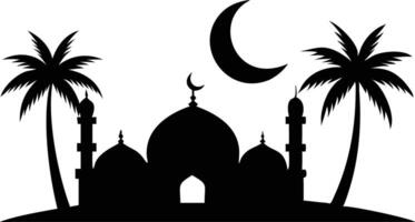 Silhouette of a Mosque with Crescent Moon and Palm Trees vector