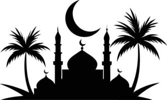 Black Mosque Silhouette with Palm Trees and Crescent Moon vector