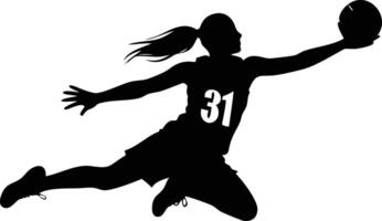 Silhouette of Basketball Player Jumping with Ball in Hand vector