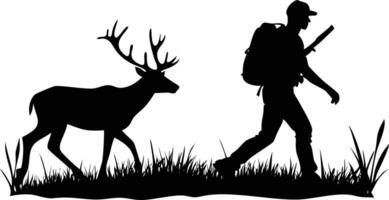 Silhouette of Deer and Man with Backpack Walking on Grass, vector