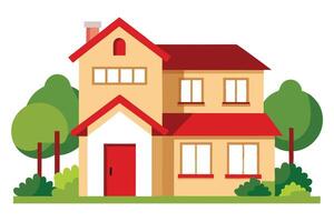 Two Story House With Red Roof, White Windows and Green Trees Flat vector
