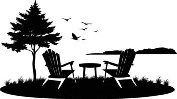 Silhouette Chairs and Table Setup on Island with Tree and Flying Birds Design vector
