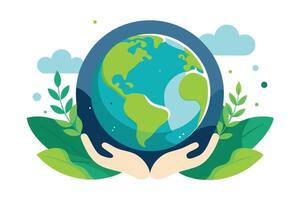 Flat hands holding earth globe with leaves and cloud, ecology concept vector
