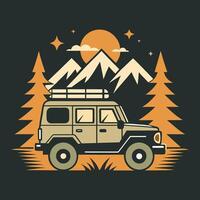 Retro OffRoad Vehicle in the Mountains with Sun, Trees vector