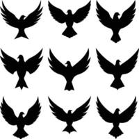 Black Dove Silhouette Set Flying with Open Wings . vector
