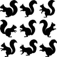 Squirrel Silhouettes with Bushy Tails Posing in Various Views vector