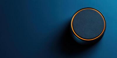 Smart speaker on a minimalist blue background with illuminated edge and modern design photo