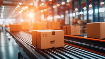 A conveyor belt in a warehouse with packages ready for distribution photo