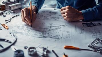 A person sketches technical drawings surrounded by tools and mechanical parts photo