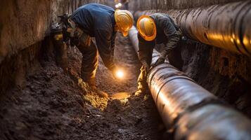 Workers in a trench installing large pipes with helmets and a flashlight photo