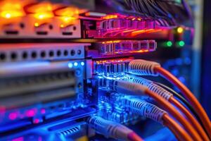 A close-up view of illuminated server components and network cables in a data center photo