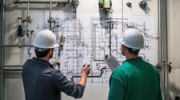 Two individuals analyzing a technical diagram on a wall in a work environment photo