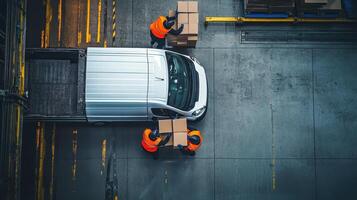 Workers loading boxes into a delivery vehicle in a warehouse setting photo
