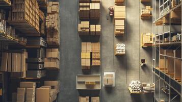 Aerial view of a warehouse filled with neatly organized boxes and storage shelves photo