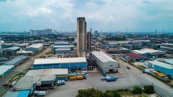 Aerial view of an industrial complex with storage and processing facilities photo