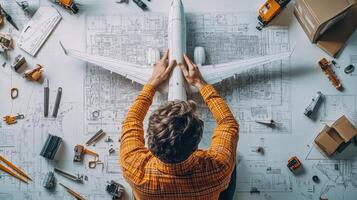 A person assembling a model airplane surrounded by tools and blueprints photo