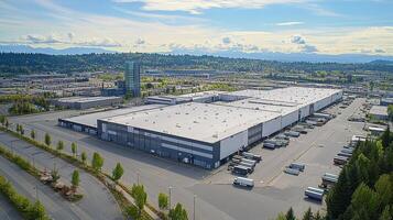 Aerial view of a large industrial warehouse with parking and delivery trucks photo