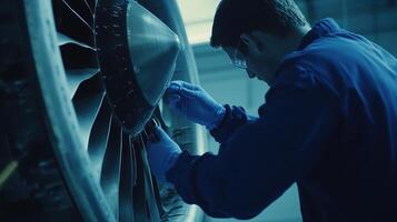 Technician inspecting an aircraft engine component for maintenance and safety photo