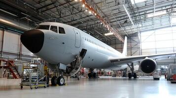 A large aircraft in a hangar, showcasing maintenance and assembly processes photo