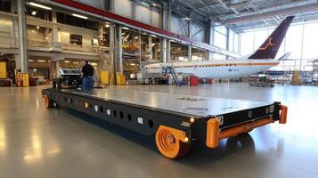 A large flat transport platform in an aircraft maintenance facility with an airplane in the background photo