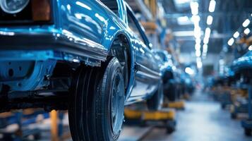 A blue car in an assembly line, highlighting automotive production photo