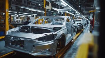 Assembly line with car frames in a manufacturing facility photo