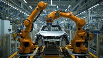 Industrial robots assembling a car in a manufacturing facility photo