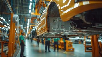 A car manufacturing facility showcasing an assembly line with a partially assembled vehicle photo