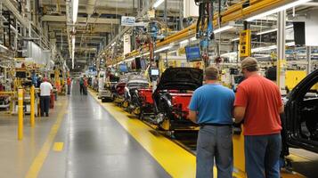 Assembly line in a factory with workers monitoring vehicle production photo