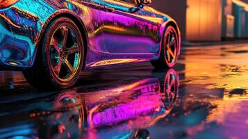 A vibrant, reflective car in a colorful urban setting after rain photo