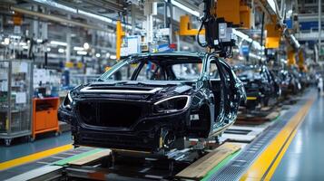 A vehicle assembly line showcasing a partially assembled car in a manufacturing facility photo