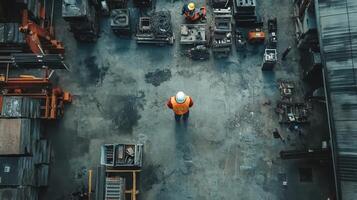 Aerial view of workers in a warehouse surrounded by machinery and materials photo
