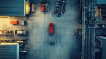 Aerial view of an industrial area with workers and a red vehicle in the center photo