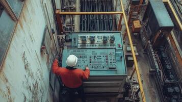A worker operates machinery in an industrial setting, focusing on control panels and equipment photo
