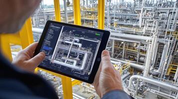 A person using a tablet to monitor industrial processes in a complex facility photo