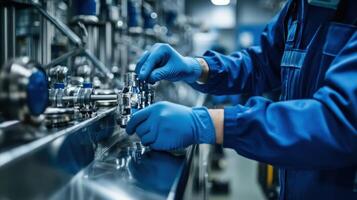A technician in blue gloves adjusts equipment in an industrial setting photo