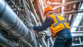 Worker in safety gear climbing a ladder in an industrial setting with pipes and machinery photo