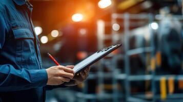 A worker in a blue uniform using a tablet for tasks in an industrial setting photo