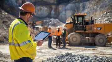 A construction site with workers discussing operations while a supervisor checks a tablet photo