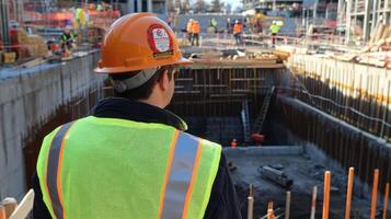 Construction site with workers and a person observing a deep excavation photo