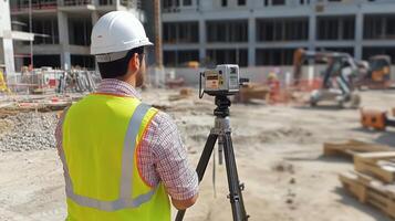 A construction worker using a surveying instrument on a building site photo